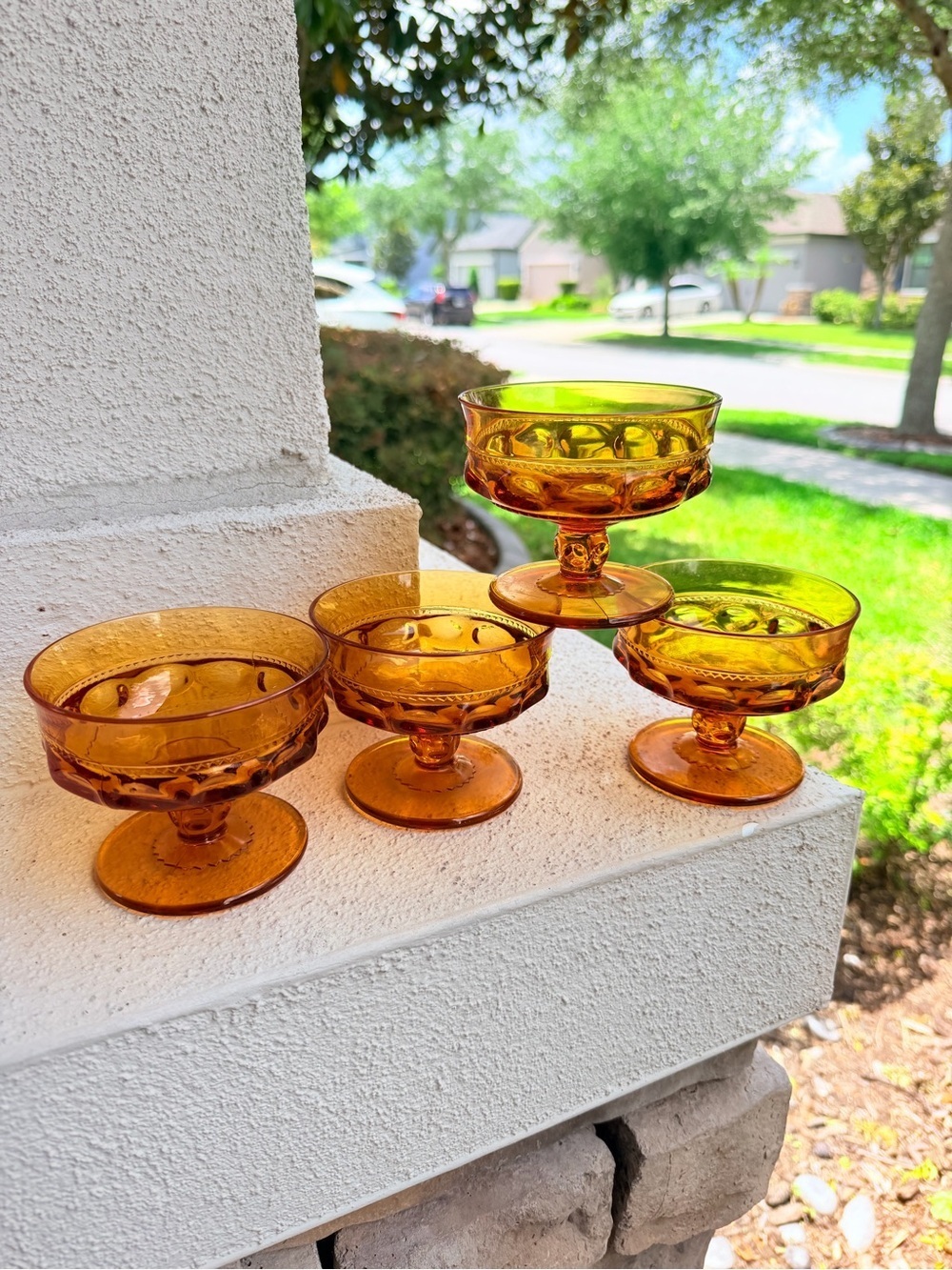 1960s Indian Glass King’s Crown Amber Thumbprint dessert dishes -set of 4